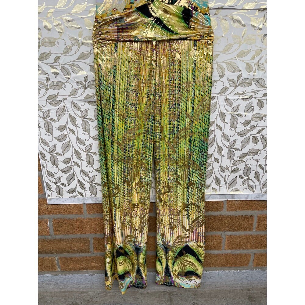 VavaVoom Gold Metallic Halter Jumpsuit Green Y2K Cyber Glam Wide Leg Open Back M - Picture 8 of 11